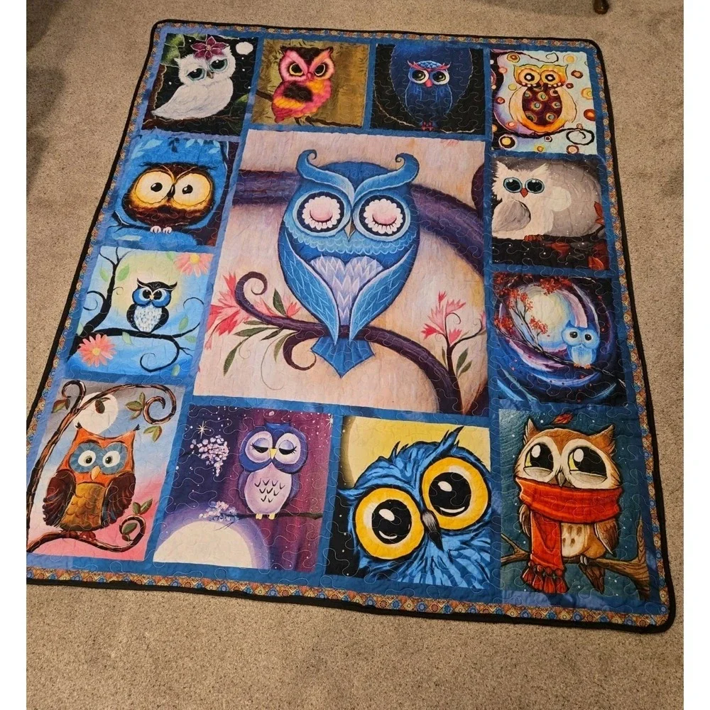 Owl Quilt 68x81 Whole-Cloth Printed Panel Vibrant Owls Machine Quilted Throw